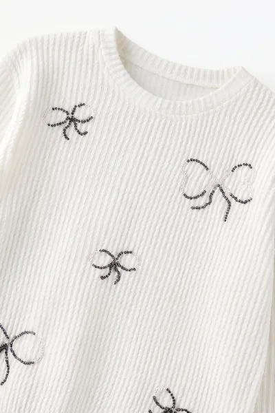 Beyaz (8-12 Yaş) Taşlı Fiyonk Nakışlı Kız Çocuk Sweat 499760