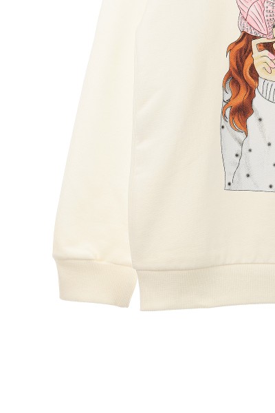 Beyaz (9-12 Yaş) Küpeli Kız Baskılı  İki İp Şardonlu Kız Çocuk Sweat 149078