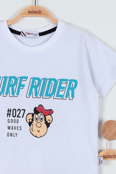 Beyaz (9-12 Yaş) Surf Rıder Baskılı Şortlu Erkek Çocuk Takım 186220