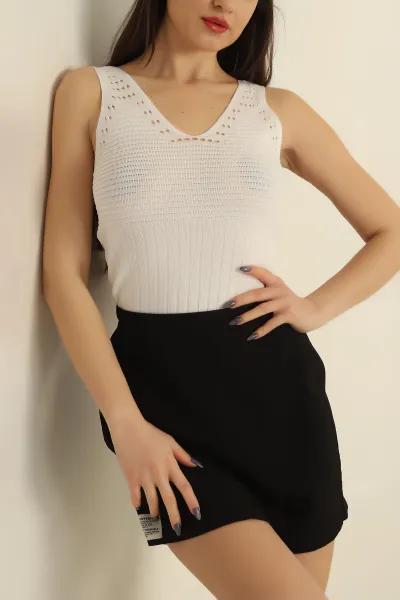 Beyaz Ajurlu Polyelid Triko Bluz 254442