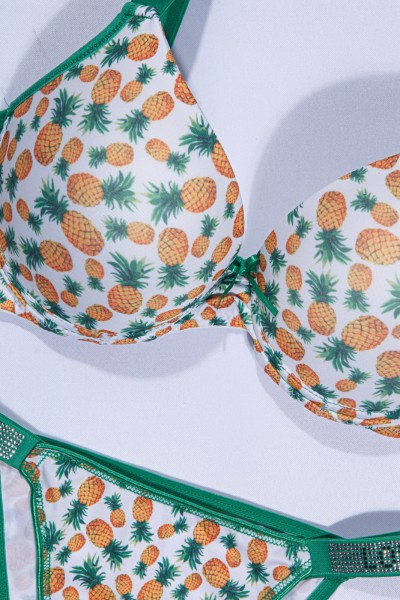 Beyaz Ananas Dijital Baskılı Taşlı Destekli Mikro Sütyen Takımı 219820