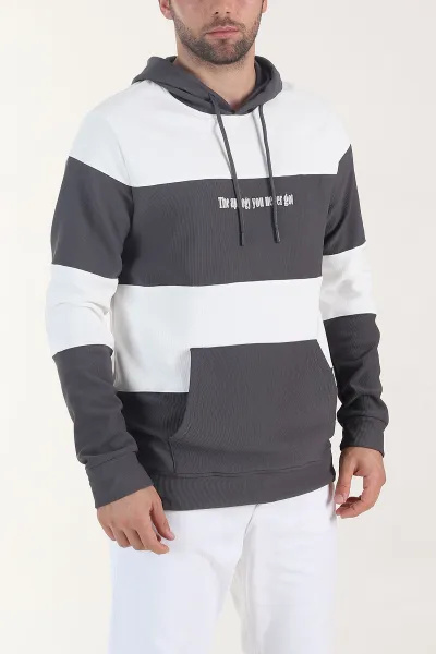 Beyaz Antrasit Cep Detaylı Yazılı Kapüşonlu Erkek Sweatshirt 408075