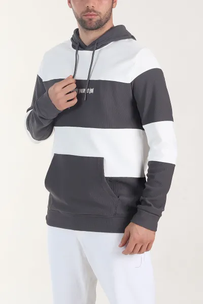 Beyaz Antrasit Cep Detaylı Yazılı Kapüşonlu Erkek Sweatshirt 408075