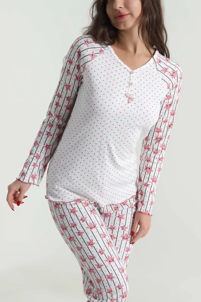 Beyaz Armut Yaka Fitilli Kadın Pijama Takımı 494678