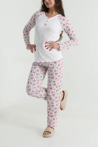 Beyaz Armut Yaka Fitilli Kadın Pijama Takımı 494678