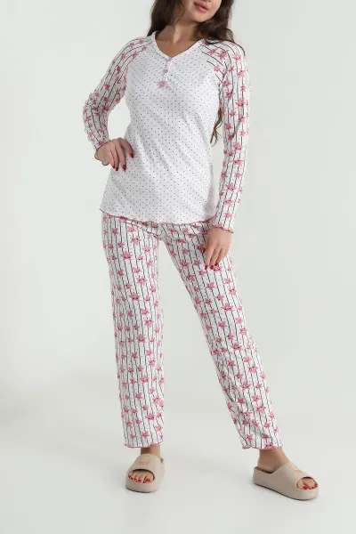 Beyaz Armut Yaka Fitilli Kadın Pijama Takımı 494678