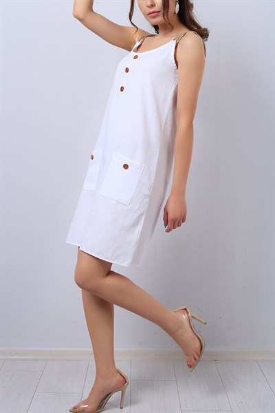 Beyaz Askılı Bayan Cepli Elbise 13798B