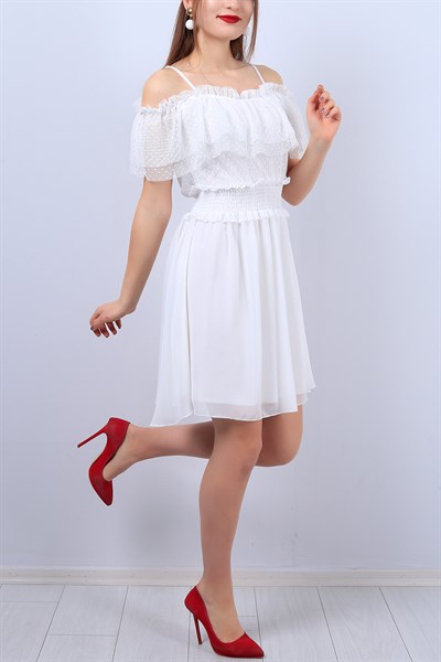 Beyaz Askılı Bayan Şifon Elbise 11565B