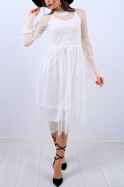 Beyaz Astarlı Bayan Tül Elbise 11949B