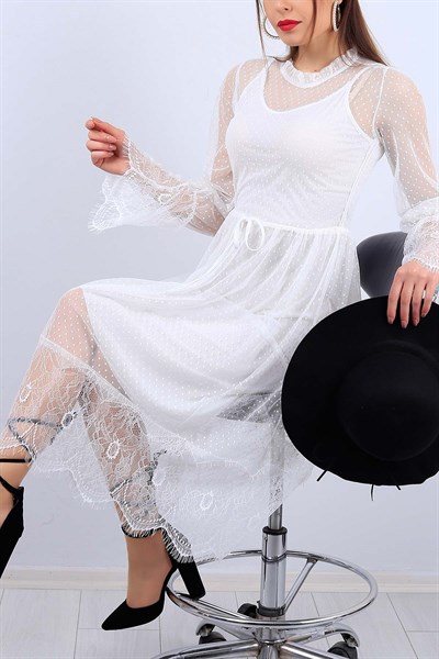 Beyaz Astarlı Bayan Tül Elbise 11949B