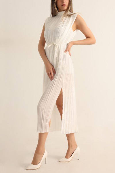 Beyaz Astarlı Şifon Pileli Elbise 184905