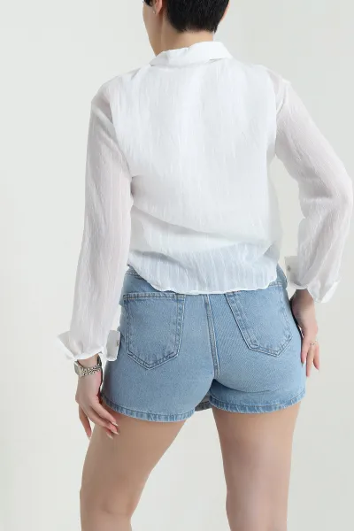 Beyaz Atletli Tencel Kadın Balon Gömlek 449382