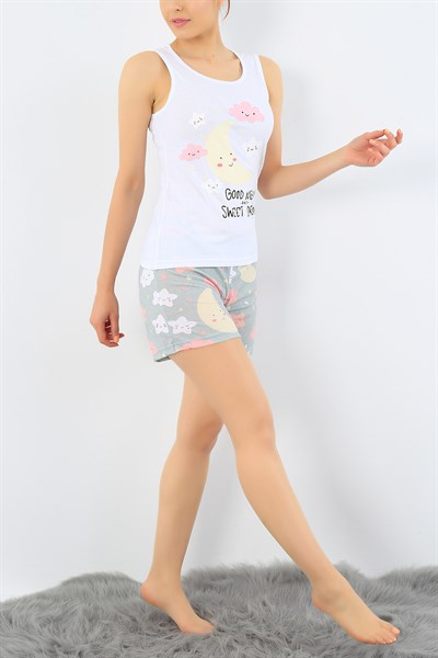 Beyaz Ay Baskılı Bayan Pijama Takımı 32696