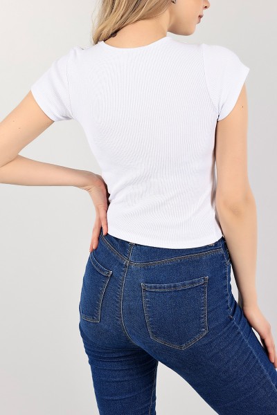 Beyaz Bağcık Tasarımlı Baskılı Crop 105133