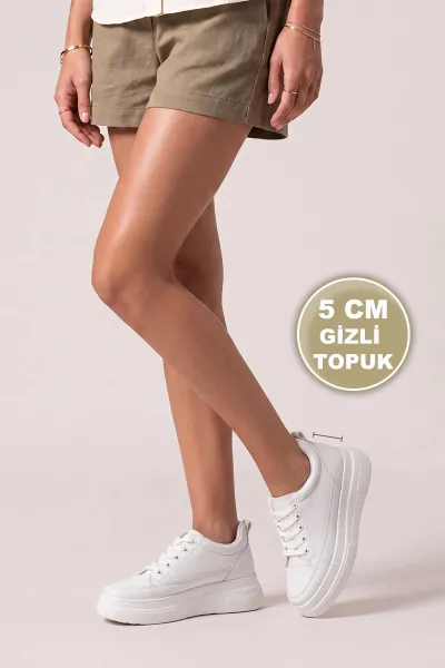 Beyaz Bağcıklı Gizli Topuklu Kadın Spor Ayakkabı 493454