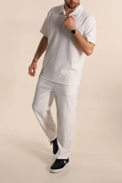 Beyaz Baggy Jakarlı Polo Yaka Tişörtlü Eşofman Takımı 269187