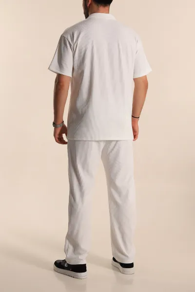 Beyaz Baggy Jakarlı Polo Yaka Tişörtlü Eşofman Takımı 269187