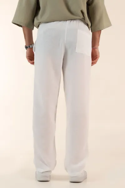 Beyaz Baggy Keten Bel Lastikli Erkek Eşofman Altı 364079