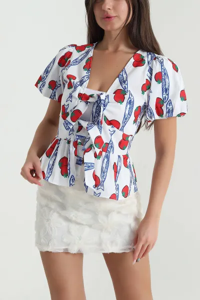 Beyaz Bağlamalı Desenli Alya Poplin Kadın Bluz 469290