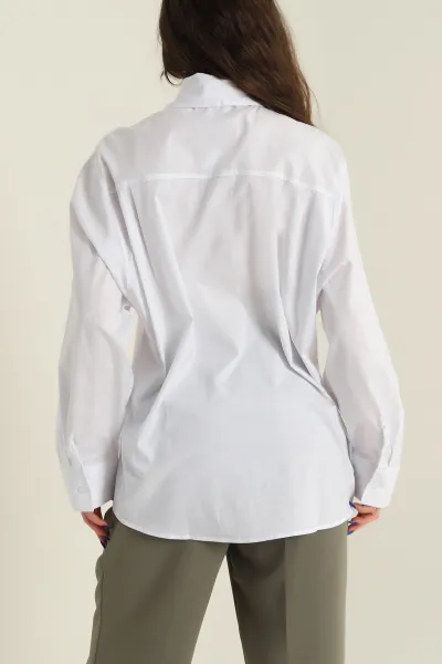 Beyaz Bağlamalı Fular Yakalı Poplin Dokuma Kadın Gömlek 425497