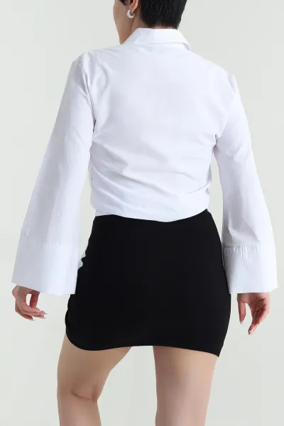 Beyaz Bağlamalı Poplin Kadın Crop Gömlek 449431