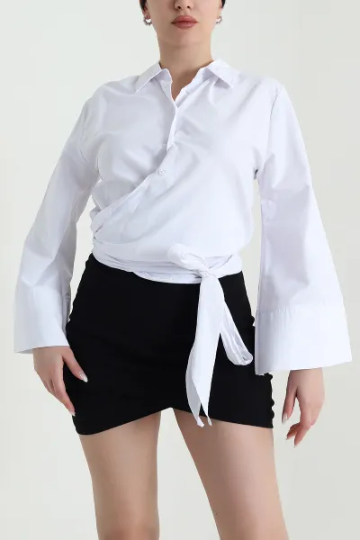 Beyaz Bağlamalı Poplin Kadın Crop Gömlek 449431