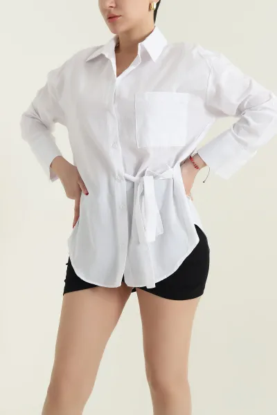Beyaz Bağlamalı Tasarım Poplin Kadın Gömlek 437157