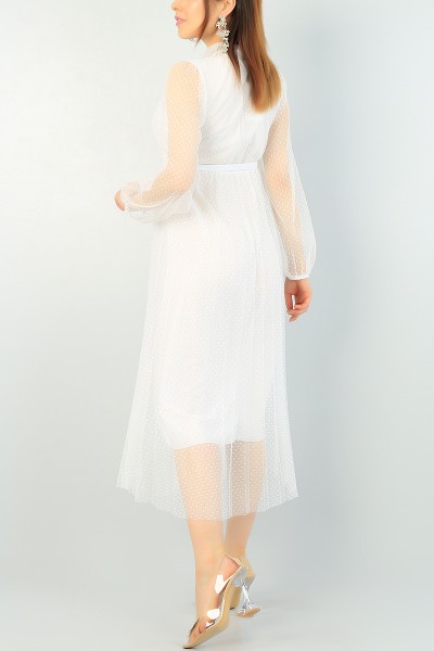 Beyaz Bağlamalı Yaka Tül Elbise 66073