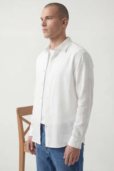 Beyaz Bambu Keten Oversize Erkek Gömlek 449842