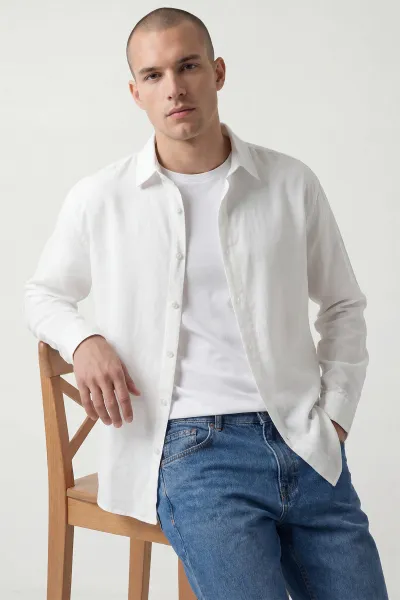 Beyaz Bambu Keten Oversize Erkek Gömlek 449842