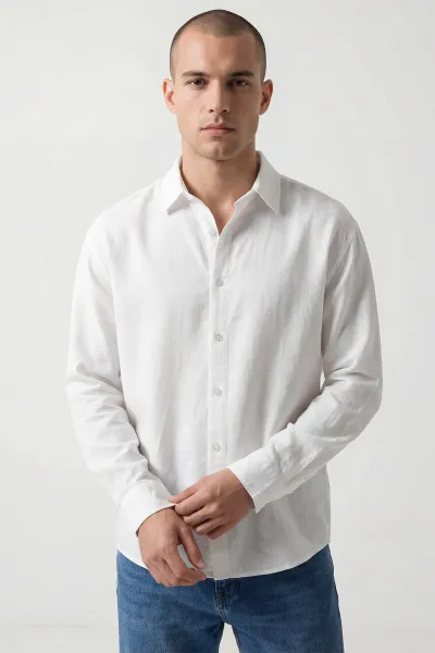 Beyaz Bambu Keten Oversize Erkek Gömlek 449842