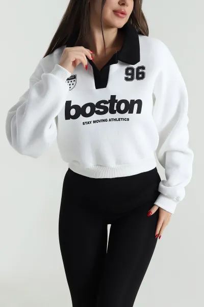 Beyaz Baskılı Astarlı Üç İp Kadın Sweat 494126