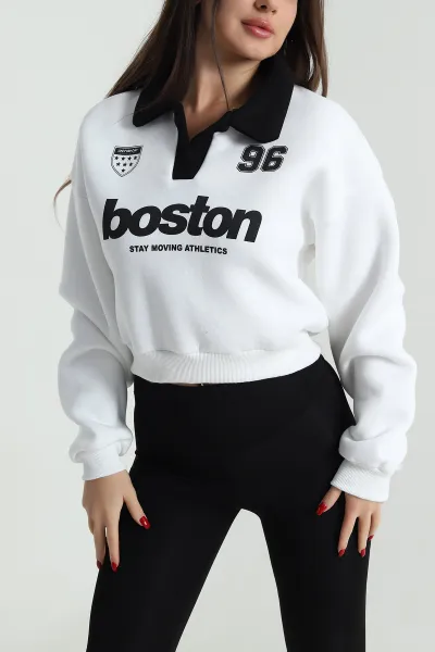 Beyaz Baskılı Astarlı Üç İp Kadın Sweat 494126