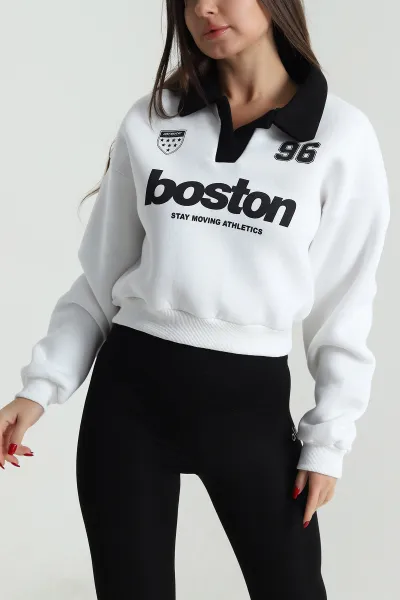Beyaz Baskılı Astarlı Üç İp Kadın Sweat 494126