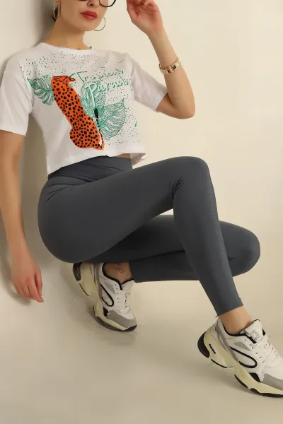 Beyaz Baskılı Bayan Crop Tişört 254781