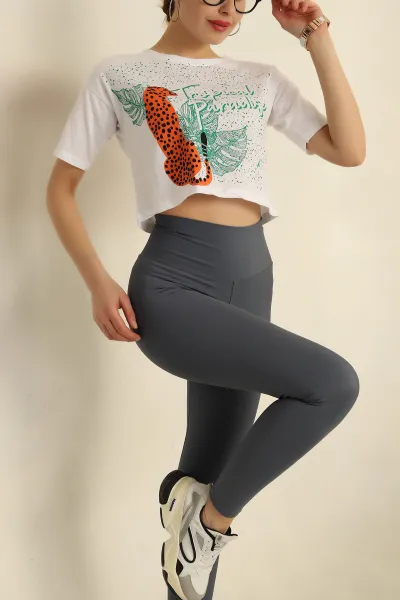 Beyaz Baskılı Bayan Crop Tişört 254781
