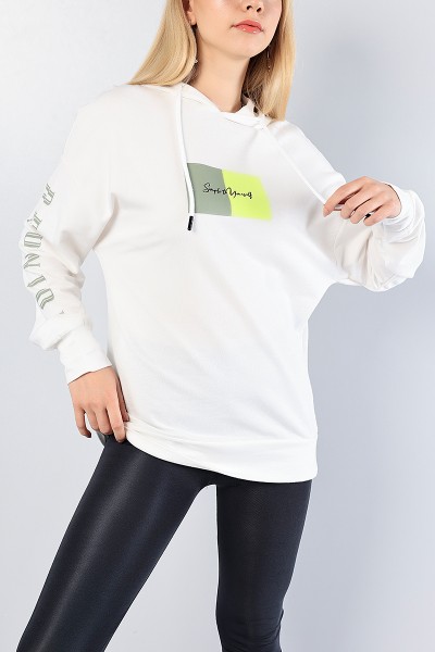 Beyaz Baskılı Bayan Kapüşonlu Sweat 81213