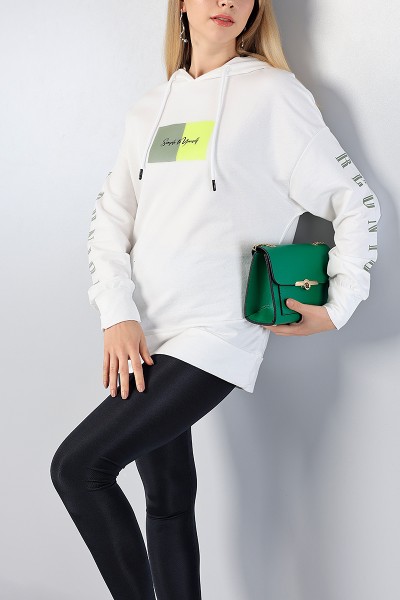 Beyaz Baskılı Bayan Kapüşonlu Sweat 81213