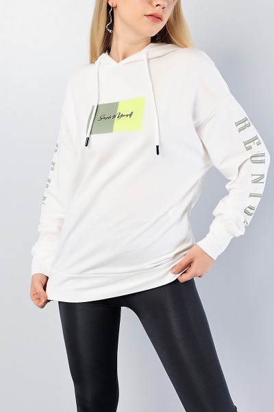 Beyaz Baskılı Bayan Kapüşonlu Sweat 81213