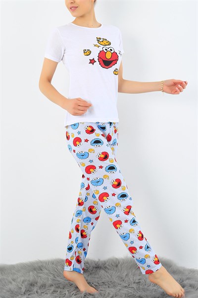 Beyaz Baskılı Bayan Pijama Takımı 33402
