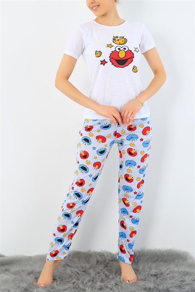 Beyaz Baskılı Bayan Pijama Takımı 33402