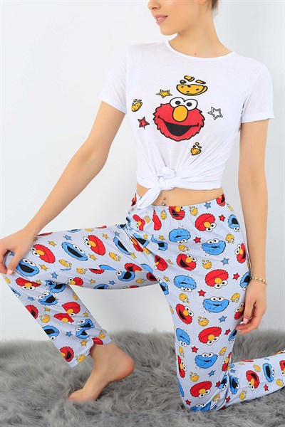 Beyaz Baskılı Bayan Pijama Takımı 33402