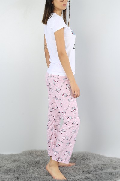 Beyaz Baskılı Bayan Pijama Takımı 52094