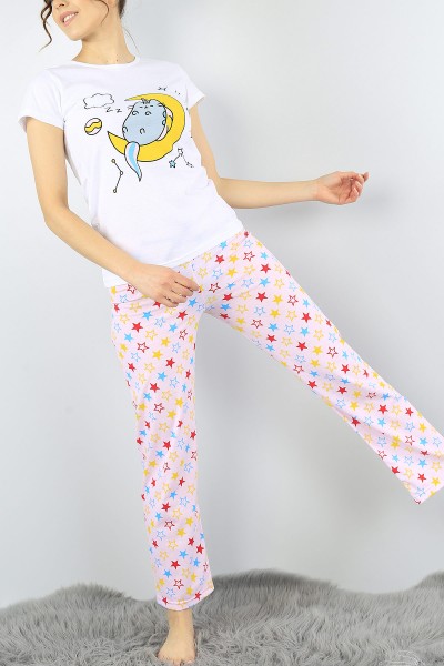 Beyaz Baskılı Bayan Pijama Takımı 52278