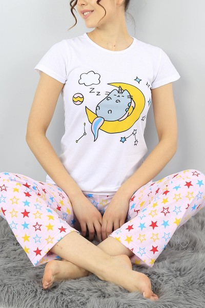 Beyaz Baskılı Bayan Pijama Takımı 52278