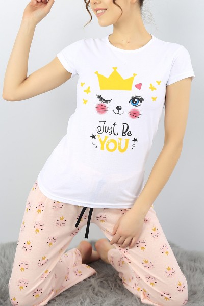 Beyaz Baskılı Bayan Pijama Takımı 52282