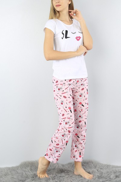Beyaz Baskılı Bayan Pijama Takımı 52304