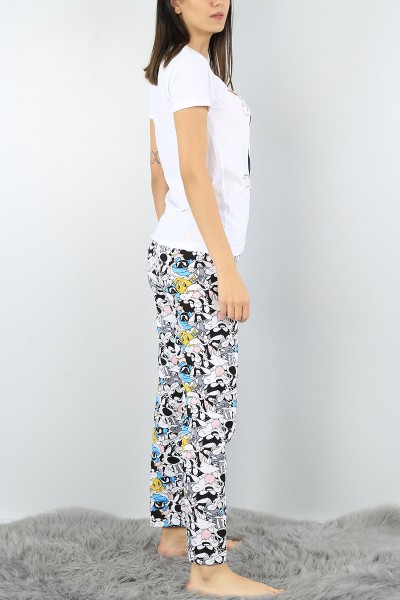 Beyaz Baskılı Bayan Pijama Takımı 52340