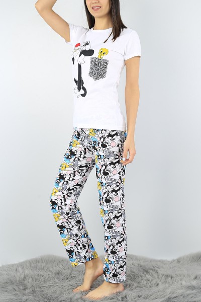 Beyaz Baskılı Bayan Pijama Takımı 52340