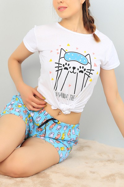Beyaz Baskılı Bayan Pijama Takımı 67021